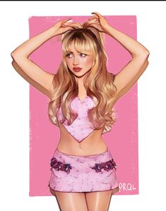 a drawing of a girl with long blonde hair wearing a pink top and skirt, standing in front of a pink background