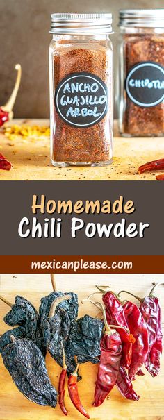 homemade chili powder in jars with peppers on the side