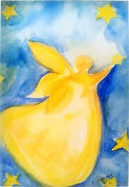 a painting of a yellow bird with stars around it's neck and wings, on a blue background