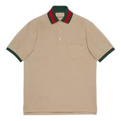 GUCCI Cotton piquet polo with Web collar 'Beige' 701735-XJELJ-2219 Casual Gucci Cotton Polo Shirt, Gucci Classic Short Sleeve Polo Shirt, Classic Gucci Cotton Polo Shirt, Gucci Cotton Collared Polo Shirt, Luxury Beige Cotton Polo Shirt, Collar, Gucci