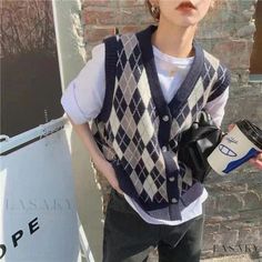 Lasaky - Lattice Knitted Vest with Loose Fit Sleeveless Sweater Vest for Casual and Academic Wear Preppy Vest, Sleeveless Sweater Cardigan, Plaid Sweater Vest, Cardigan Rosa, Sleeveless Sweater Vest, Navy Outfit, Plaid Sweater, Knitted Vest, Classic Sweater