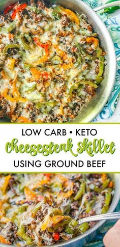 low carb keto cheesesteak skillet using ground beef and green peppers