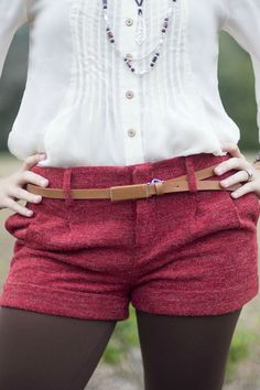 These red textured shorts feature two front pockets, two buttoned back pockets, a front zipper and double hook closure, cuffs, front pleats, and belt loops. Local Boutique, Cooler Weather, Red Shorts, Front Zipper, Short Dresses, Tights, Womens Shorts, Boutique, Zipper