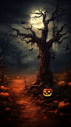 a halloween tree with pumpkins and bats in the woods at night under a full moon