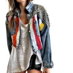 'RAINBOW SPIKE' DENIM JACKET - Wren + Glory Shorts And Converse, Jean Jacket Outfits, Painted Jacket, Embellished Denim, Painted Denim, Custom Jacket, Cute Jackets, Denim And Lace, Denim Jacket Women