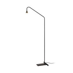 a black floor lamp on a white background with the light turned off and dimming