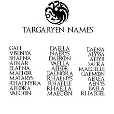 the logo for targaryn names on a white background with black lettering and an image of