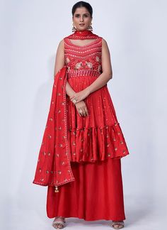 Buy Palazzo Suit - HATKAY Palazzo Suit, Red Mirror, Embroidered Chiffon, Red Chiffon, Red Thread, Red Suit, Blue Embroidery, Chiffon Material, Net Dupatta