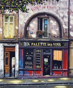 a painting of a store front in the city