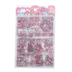 a sticker with pink flowers and cupcakes on it