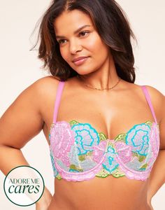 What's better than freshly picked flowers? Our Colete balconette bra. This set is adorned with bright statement floral lace. This plus-size bra has underwired cups for support and adjustable straps for a comfortable, customized fit. Wear this lace bra with the matching cheeky or hipster panty for a complete lingerie set. (Available in plus-size 38DD-46DDD.) Spring Underwire Bra With Padded Cups, Spring Padded Underwire Bra, Spring Underwire Bra With Medium Bust Support, Summer Lace Bra With Padded Cups, Pink Strapless Bra With Padded Cups, Multicolor Underwire Bra With Padded Cups, Pink Underwire Bra With Removable Cups, Multicolor Padded Underwire Bra, Pink Full Cup Bra With Lace Closure