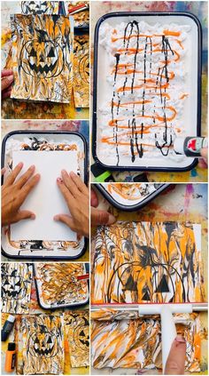 the process for painting with orange, black and white colors is shown in multiple pictures