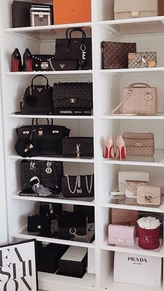 a closet filled with lots of handbags and purses