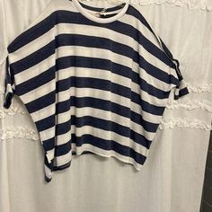 Cute Casual Dolman Striped Top In Navy And What’s Size Large Nwt Casual Blue Blouse With Batwing Sleeves, Casual Blue Batwing Sleeve Blouse, Blue Batwing Sleeve Summer Tops, White Cotton Tops With Batwing Sleeve, White Cotton Batwing Sleeve Tops, Casual Blue Tops With Batwing Sleeves, White Batwing Sleeve Top For Day Out, Casual Stripes, Dolman Sleeve