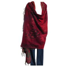 Throw/Shawl | Floral Design  --  Handloomed --  Throw/Shawl/Wrap/Blanket Shawl/Cushion --  Reversible --  Yak + Bheda Sheep Wool + Polar Fleece Yarn Blend  --  Tribal Designs --  Tassels/Fringe --  Thick Weave --  Medium Weight -- Handloomed-Size Varies: L-80" - 77.5" by  W-35.5" - 34" The first pictures show the main view and the latter pictures show the reverse view. Snuggle up into a soft, ultra warm Yak Shawl/Throw/Wrap on a cool Spring, breezy night/day...great for indoor/outdoor sports events...as a wrap or cushion...great accent in the room throw/hang on the couch, easy chair or bed...wear it as a trending "Blanket Shawl Poncho"... Red Pashmina Shawl For Fall, Red Fall Pashmina Shawl, Embroidered Red Pashmina Shawl, Red Embroidered Pashmina Shawl, Red Cotton Bohemian Shawl, Red Embroidered Folk Shawl, Red Embroidered Shawl Scarf, Blanket Shawl, Blanket Wrap