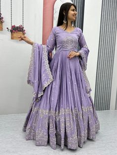 Embroidery Anarkali, Head Turning Outfits, Lavender Gown, Fancy Embroidery, Gown With Dupatta