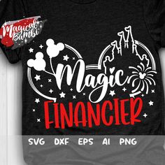 a black shirt with red lettering and mickey mouse ears on the front that says, magic creator svg dxf eps aing