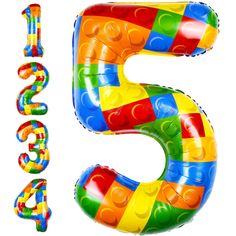 the number five is made out of legos and balloons with numbers 5, 3, 4