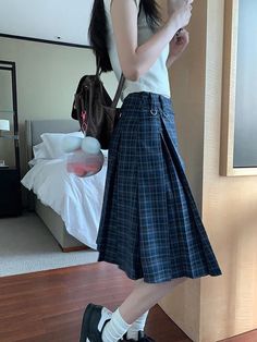 Tavimart Korean style Preppy Fashion Vintage Plaid Summer Women Midi Skirt High Waist Pleated A-line Temperament Loose Y2K Skirt Stylish Midi Skirt, Women Midi Skirt, Cottagecore Clothes, Preppy Fashion, Fairycore Clothes, Y2k Skirt, Skirt High Waist, Estilo Preppy, Style Preppy