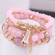 There Are 4 Separate Bracelets That Have Been Stacked To Give You This Unique Look. Wear Each One Separately Or Together. Barbie Bracelet, Stackable Beaded Bracelets, Beaded Rope, Crystal Beads Bracelet, Stackable Bracelets, Elastic Bracelet, Strand Bracelet, Pink Bracelet, Acrylic Beads