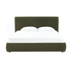 an upholstered bed with white sheets and green headboard, against a white background