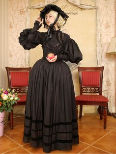 This price includes a blouse, a skirt, and a sash.  This set has a strong Victorian-era day dress inspiration.  This is the size chart for the blouse.   	 		 			Size 			XS 			S 			M 			L 			XL 		 		 			Bust 			82 			86 			90 			94 			98 		 		 			Waist 			64 			68 			72 			76 			80 		 		 			Sleeve Length 			58 			58 			60 			60 			62 		 		 			Full Length 			58 			58 			60 			60 			62 		 	     This is the size chart for the skirt.   	 		 			Size 			XS 			S 			M 			L 			XL 		 		 			Waist 			58-64 Historical Design Vintage Dress For Costume, Victorian Vintage Dress For Costume, Victorian Style Vintage Dress For Costume, Victorian Style Dresses For Fall, Elegant Long Sleeve Victorian Dress For Fancy Dress, Black Regency Dress For Costume Party, Black Regency Style Dress For Costume Party, Victorian Dress For Theater With Historical Design, Black Long Sleeve Dress With Historical Design