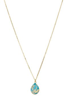 A beautiful 18-karat gold plated necklace suspends a bezel set Mojave turquoise stone matrix in a teardrop pendant for stunning boho style. 16" length + 3" extender; 0.75" pendant Adjustable lobster clasp closure 18k-gold plated brass/Mojave turquoise Imported Gold Teardrop Drop Necklace With Natural Stones, Elegant Turquoise Teardrop Pendant Drop Necklace, Gold Turquoise Teardrop Necklace For Gift, Gold Teardrop Turquoise Necklace Gift, Turquoise Briolette Gemstone Necklace, Elegant Turquoise Charm Necklaces With Adjustable Chain, Elegant Turquoise Charm Necklace With Adjustable Chain, Elegant Turquoise Teardrop Pendant Necklace As Gift, Turquoise Teardrop Pendant Jewelry