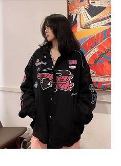 Sweatshirts Women Oversize Hoodies Loose Casual Tops Jacket Vintage Racing Jacket Outfit, Aesthetic Jacket, Racer Jacket, Ootd Outfits, Pink Y2k, Racing Jacket, Y2k Jacket, Jacket Outfit, Japanese Streetwear