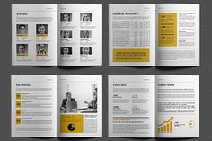 an open brochure with yellow accents on the front and back pages, in different positions