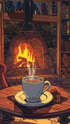 a cup of coffee sitting on top of a table next to a fire in a fireplace