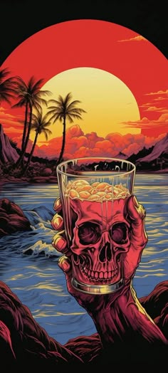 a painting of a skull holding a glass in front of a sunset with palm trees