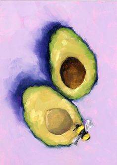 an avocado cut in half with a bee on the side and purple background