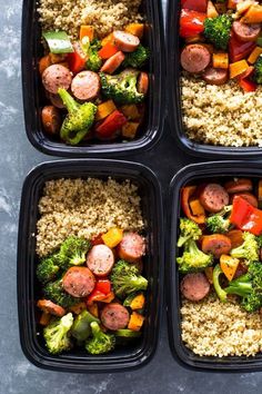 four plastic containers filled with rice, sausage and veggies on top of each other