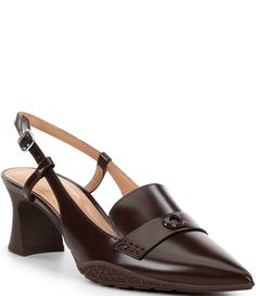 From COACH, the Nikola Leather Slingback Loafer Pumps feature:Leather upperLogo hardware strap detailAdjustable buckled sling strap closureLeather liningRubber outsoleApprox. 2.25" heel heightImported. Loafer Pumps, Dillard's, Global Fashion, Heel Height, Leather Upper, Loafers, Pumps, Buckle, Heels