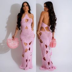 Brand New Chic Crochet Knit Party Dress, Summer Knit Dress For Night Out, Chic Knit Maxi Dress For Parties, Chic Pink Crochet Dress For Summer, Chic Pink Crochet Dress For Beach, Chic Pink Crochet Dress For The Beach, Chic Pink Crochet Dress, Knit Midi Dress For Summer Evenings, Spring Evening Knit Maxi Dress