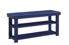 a blue shelf with two shelves on it