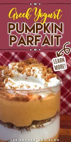 a pumpkin parfait dessert in a jar with whipped cream on top