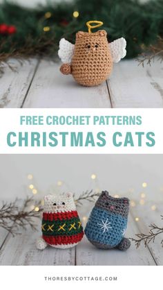 two crocheted christmas cats sitting next to each other with text overlay that says free crochet patterns for christmas cats