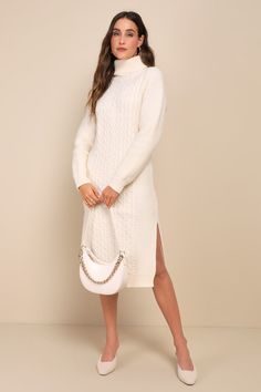 Cozy times are in your future when you've got the Lulus Snuggly Forecast Cream Cable Knit Turtleneck Sweater Midi Dress! Chunky ribbed knit shapes this winter-ready dress that has a ribbed turtleneck and long sleeves. Cable knit panel accents the front, continuing down to a midi hem with side notches. Fit: This garment fits true to size. Length: Knee to mid-calf length. Size medium measures 45" from shoulder to hem. Bust: Great for any cup size. Waist: Loosely Fitted. Hip: Loosely Fitted. Underg Cream Midi Sweater Dress For Winter, Runway Scout, Knitted Winter Dress, Dress Runway, Sweater Midi Dress, Cable Knit Turtleneck, Cable Knit Dress, Casual Formal Dresses, Cable Knit Turtleneck Sweater