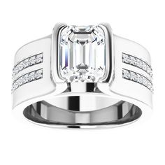 This elegant ring features 1/5 ctw. of brilliant diamonds that reach down the band. A 0.25 ct. or larger square, round, emerald, cushion, asscher or oval shape stone can be set with this ring. Channel Set Emerald Cut Platinum Diamond Ring, Luxury Formal Emerald Ring With Channel Set, Platinum Emerald Cut Channel Set Diamond Ring, Emerald Cut Channel Set Platinum Diamond Ring, Luxury Channel Set Emerald Ring For Formal Occasions, Square Cut Emerald Ring With Diamond For Formal Occasions, Modern Emerald Ring With Diamond Accent Stones, Modern Emerald Cut Emerald Ring With Accent Stones, Modern Emerald Ring With Center Stone