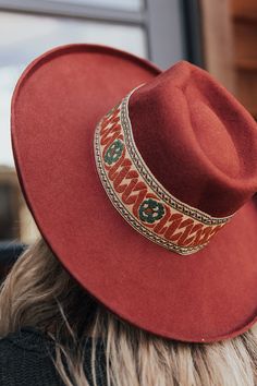 You will look like you hit the fashion lottery when you top off your look with this boho inspired dark rust hued fedora featuring lightweight wool material, a curved 4-inch brim, and a wide embroidered accent band! Hat Dimensions: Length - 15.5 Inches Width - 14 Inches Height - 4.5 Inches Cranial Circumference - 22 Inches Wool Fedora, Fedora, Online Boutique, The Fashion, Rust, Hair Accessories, Boutique, Wool, Band