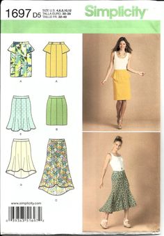 Simplicity 1697, Sizes 4, 6, 8, 10, 12 Measurements - see pattern back Lots of skirt options - that's what you get with Simplicity 1697! With 5 different views one of them will be right for you. View B is a classic straight skirt with a slight twist - the shaping is from having front, back and side panels instead of a front and back with darts. You get lots of flexibility to more easily fit the skirt the way you want. Once you have the fitting the way you like it, try the other variations. Or do some pattern hacking and extend the hem of views D or C to a straight hem for a completely different look. Misses'/Miss Petite Set of Skirt with Length Variations Era -2013 Condition - Pattern is uncut, factory folded.  Cover is in good condition; typical vintage wear. See scanned images. Please re Panel Skirt Pattern, Flared Skirt Pattern, Maxi Skirt Pattern, Petite Skirts, Pencil Skirt Pattern, Panel Skirt, Basic Skirt, Diy Skirt, Tulip Skirt