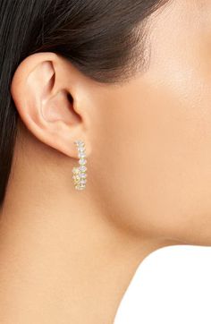 "Find KENDRA SCOTT Cailin Cubic Zirconia Hoop Earrings on Editorialist. Brighten your everyday look with these classic hoop earrings lined with prong-set cubic zirconia. 1\" hoop diameter Post back 14k-gold plate or rhodium plate/cubic zirconia Imported" Linear Earrings, Cubic Zirconia Hoop Earrings, Petite Earrings, Freshwater Pearl Drop Earrings, Pearl Hoop Earrings, Keshi Pearls, Earrings In Gold, Pearl Charms, Diamond Drops