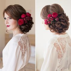 two pictures of a woman with flowers in her hair and wearing a white blouse,