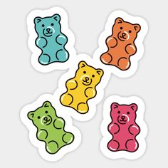 four different colored teddy bears stickers on a white background