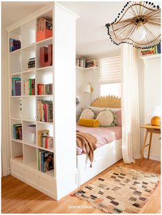 a bedroom with bookshelves and a bed in it