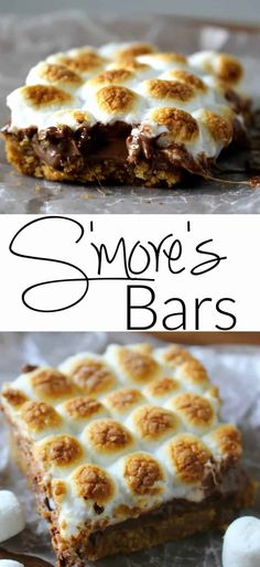 s'mores bars with marshmallows on top and the words above it