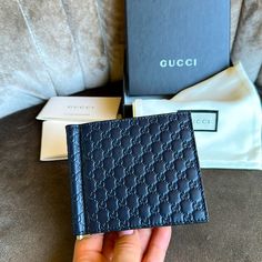 Beautiful Navy Leather Embossed Gucci Money Clip Wallet. Gucci Leather Wallet For Business, Gucci Leather Business Wallet, Designer Gucci Wallet With Coin Pocket, Designer Gucci Wallets For Business, Luxury Gucci Wallet With Coin Pocket, Designer Blue Wallet For Formal Occasions, Designer Blue Wallets For Formal Occasion, Luxury Blue Wallet For Formal Occasions, Designer Gucci Bifold Wallet