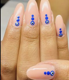 Greek eye, blue, summer 2024 #santorini Yellow Evil Eye Nails, Spring Evil Eye Nails, Nail Design With Evil Eye, Hot Pink Evil Eye Nails, Almond Nails Designs Evil Eye, Nail Art August, Greek Eye Nails Designs, Ojo Nail Design, Greek Evil Eye Nails