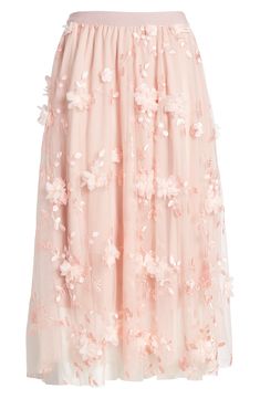 This endlessly enchanting maxi skirt is crafted from luscious chiffon and accented with wispy tulle blooms. Lined 90% polyester, 10% spandex Dry clean Made in the USA Elegant Flowy Maxi Skirt For Garden Party, Elegant Maxi Skirt For Spring Garden Party, Elegant Spring Tulle Maxi Skirt, Elegant Floral Embellished Skirt For Spring, Elegant Floral Skirt For Spring, Elegant Tulle Maxi Skirt For Party, Spring Wedding Skirt With Floral Embroidery, Feminine Sheer Skirt For Parties, Chic Floral Embroidery Dress With Flowy Skirt